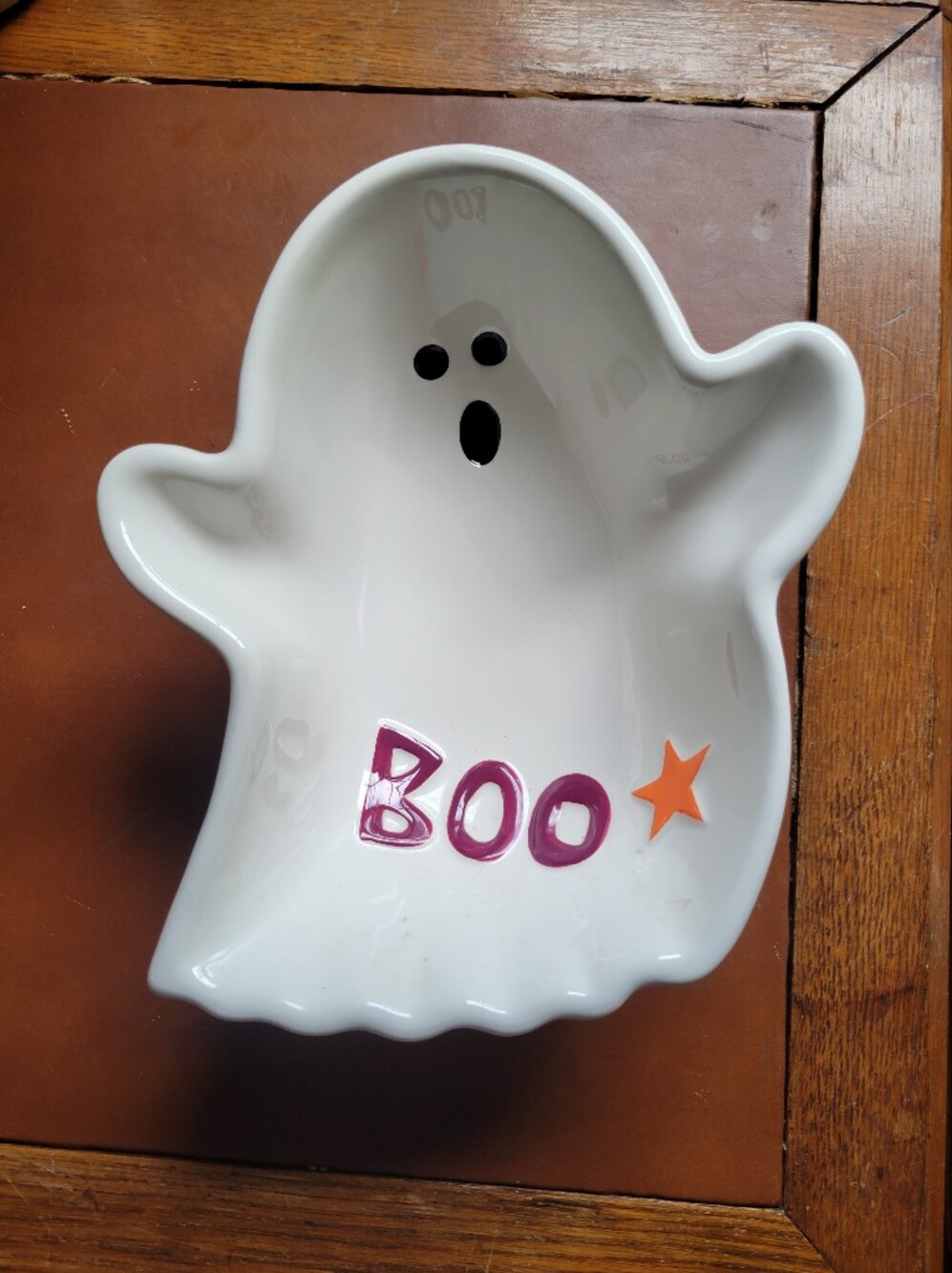 Ceramic Ghost Candy Dish Halloween Serving Bowl White Boo Orange Star 8.5"